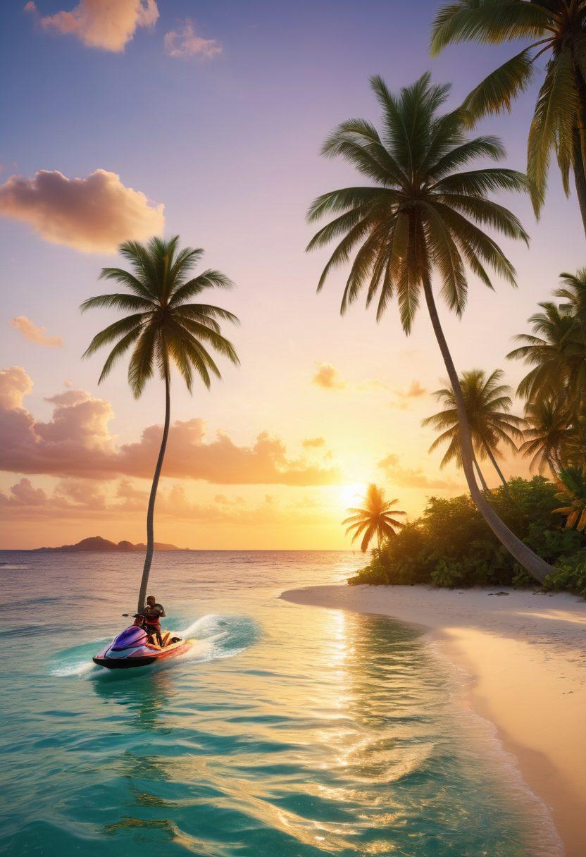 A stunning beachfront view showcasing a variety of water sports like jet skiing and paddle boarding, transitioning into a serene resort setting with lush palm trees, hammocks, and a sunset glow. Capture the duality of adventure and relaxation, with vibrant colors enhancing the scene's beauty. super-realistic. vibrant colors. 3D.