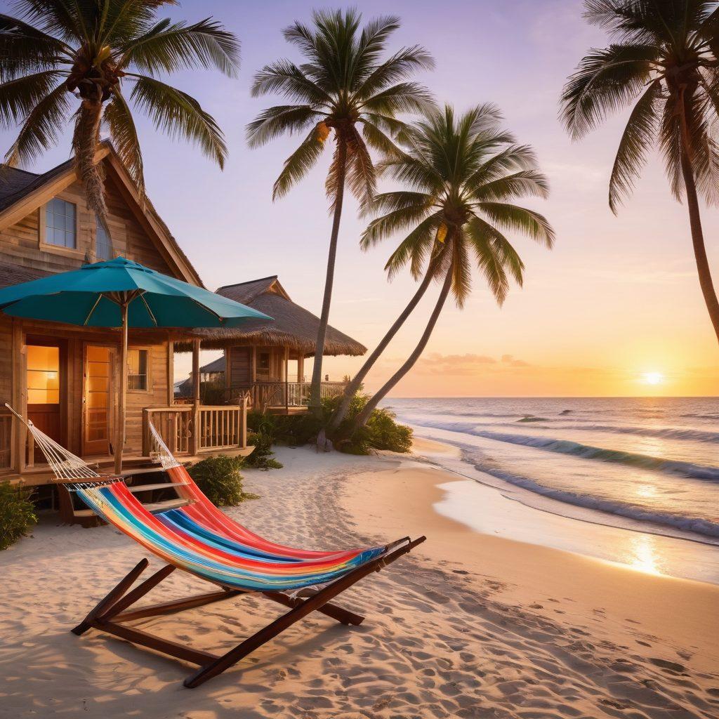A serene beachfront property with a stunning sunset, palm trees swaying gently in the breeze, and a cozy hammock set between them. In the foreground, showcase a selection of colorful beach umbrellas and lounge chairs scattered on soft sand, while waves softly lap at the shore. Incorporate elements of vacation rentals like a charming wooden cottage with a deck overlooking the beach. The scene should evoke relaxation and adventure, inviting viewers to imagine their perfect getaway. super-realistic. vibrant colors. 3D.