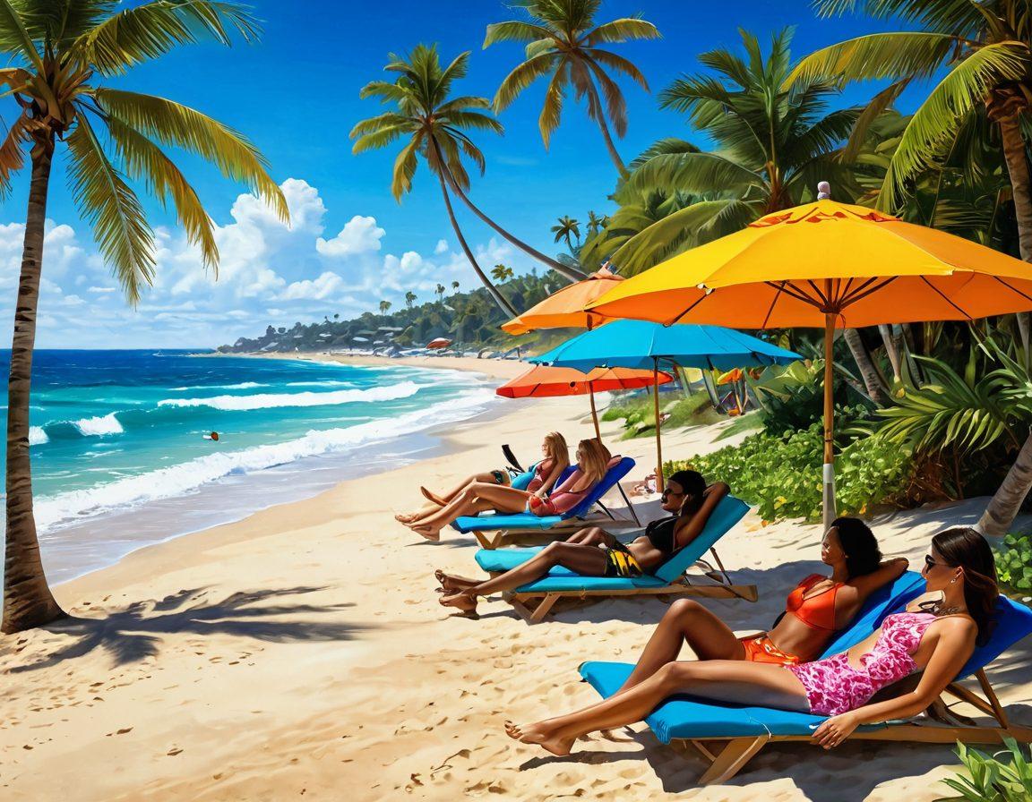 A vibrant beach scene showcasing diverse swimwear styles, featuring people of various ethnicities lounging by the shore, colorful umbrellas, and tropical drinks in hand. The ocean waves gently lap at the sand while surfboards rest nearby. Bright sunshine and palm trees create a warm, inviting atmosphere that epitomizes summer living. bright colors. super-realistic. beach theme.